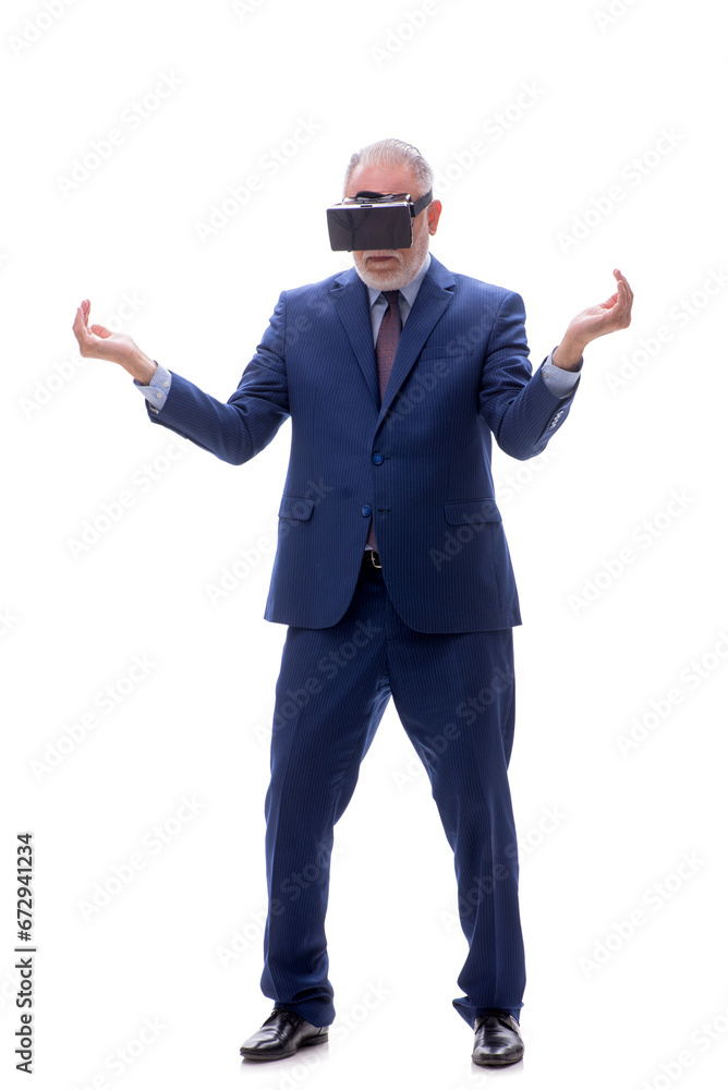 Old businessman wearing virtual glasses isolated on white Old businessman wearing virtual glasses isolated on white
