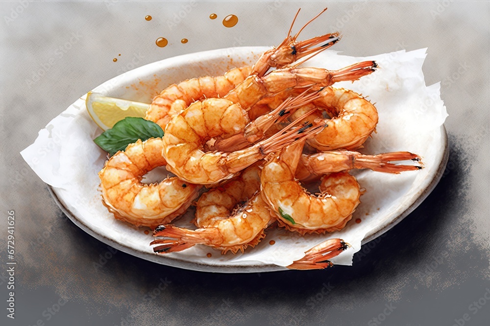 white plate filled with a delicious shrimp dish, lemon wedge and parsley garnish white plate filled with a delicious shrimp dish, lemon wedge and parsley garnish