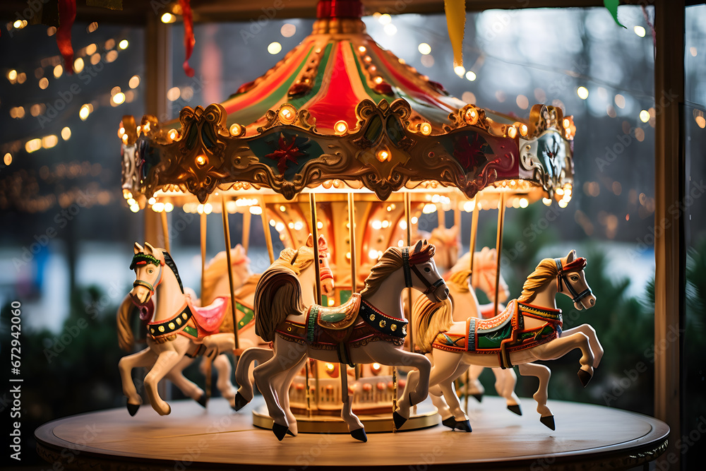 Whimsical Holiday Carousel Adorned with Festive Lights and Enchanting Animal Figures.
