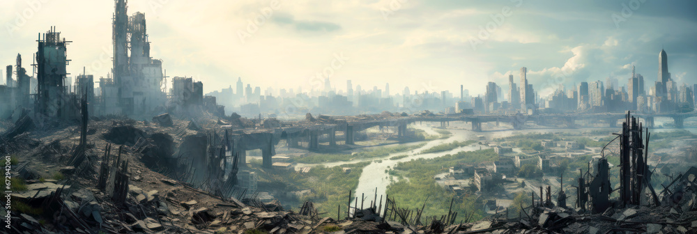 Obraz premium Landscape of destructions and buildings ruins, panoramic view of destroyed city during war. Deserted panorama of rubbles and smoke. Concept of Middle East, wasteland, apocalypse