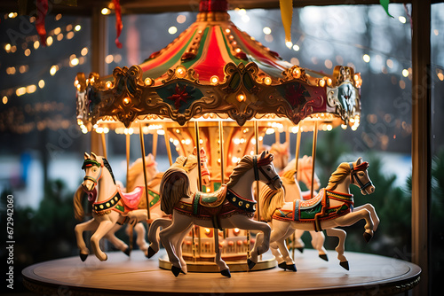 Whimsical Holiday Carousel Adorned with Festive Lights and Enchanting Animal Figures. © Mihai Zaharia