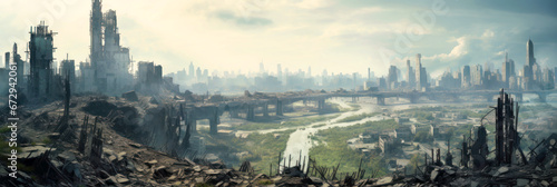 Landscape of destructions and buildings ruins, panoramic view of destroyed city during war. Deserted panorama of rubbles and smoke. Concept of Middle East, wasteland, apocalypse photo