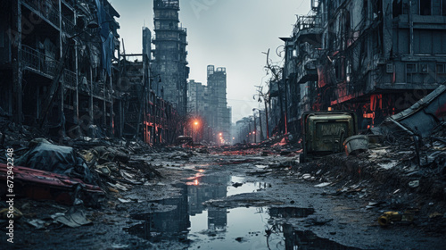 Post apocalypses in city, ruined buildings on gloomy destroyed street 