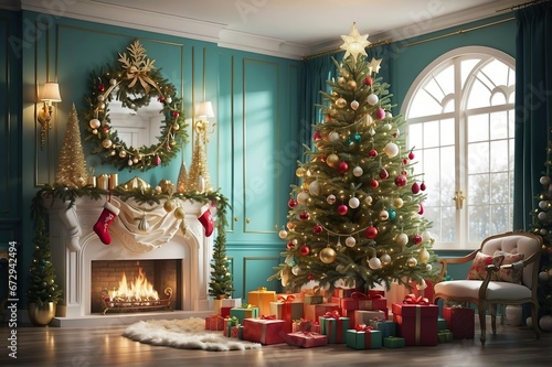 A beautiful Christmas tree, stands tall in the centre of a cosy living room