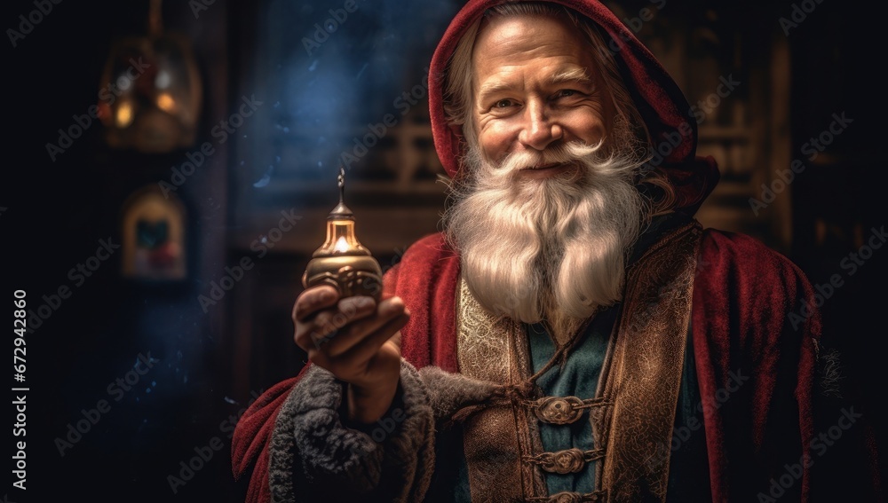 Traditional Santa Claus holding a present with a warm, cozy holiday backdrop.Ideal for Christmas themed storytelling, seasonal advertisements, and holiday decor.