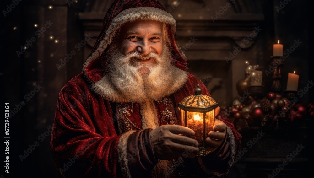 Traditional Santa Claus holding a lantern with a warm, cozy holiday backdrop. Ideal for Christmas themed storytelling, seasonal advertisements, and holiday decor.