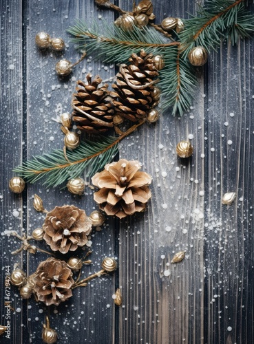 Festive pine cones and baubles on a wooden backdrop with snowflakes, perfect for seasonal decoration themes. Suitable for Christmas decor, holiday-themed articles, or craft inspiration content.