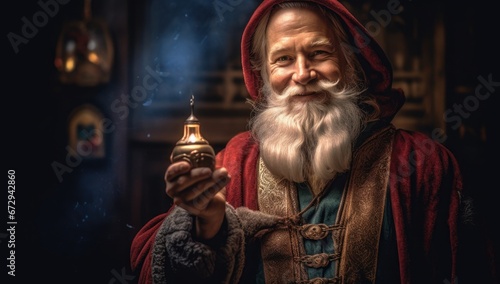 Traditional Santa Claus holding a present with a warm, cozy holiday backdrop.Ideal for Christmas themed storytelling, seasonal advertisements, and holiday decor.