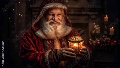 Traditional Santa Claus holding a lantern with a warm, cozy holiday backdrop. Ideal for Christmas themed storytelling, seasonal advertisements, and holiday decor.