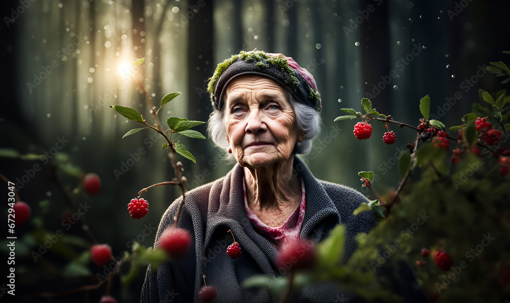 old grandma woman in forest