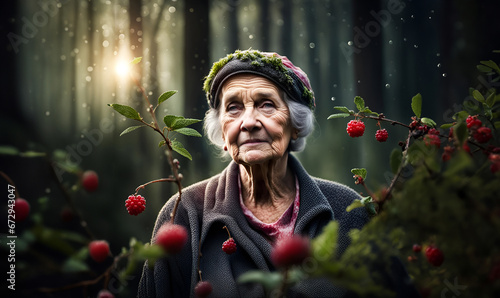 old grandma woman in forest