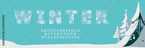 Vector alphabet in a winter theme with snowflakes. Ice font. Vector illustration.