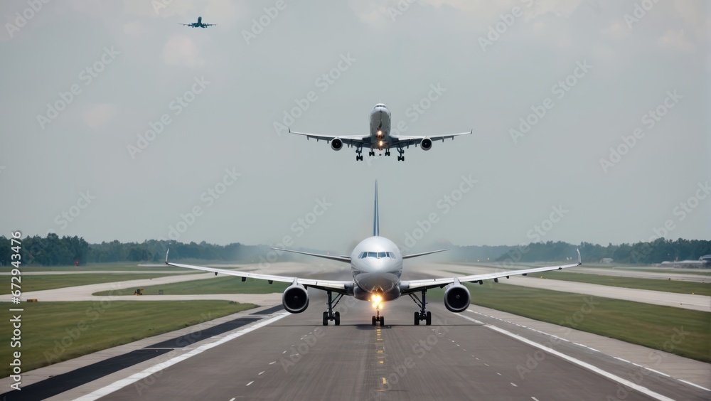 Airplane landing/taking off at airport exterior Airplane landing/taking off at airport exterior