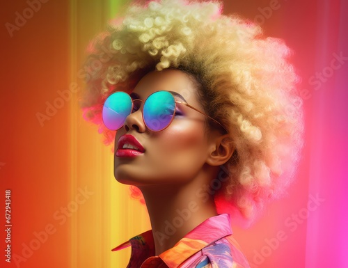 A close-up of a young woman with voluminous blonde curls and reflective sunglasses, exuding a cool, urban vibe. Great for beauty campaigns, eyewear advertising, and editorial content.