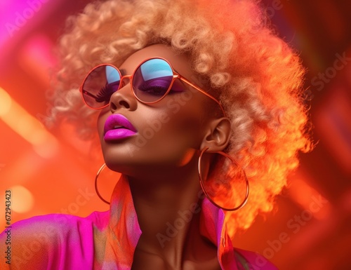 A close-up of a young woman with voluminous blonde curls and reflective sunglasses, exuding a cool, urban vibe. Great for beauty campaigns, eyewear advertising, and editorial content.