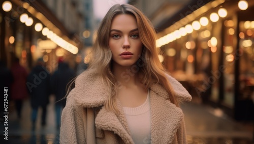 A young Caucasian woman in a chic trench coat stands in a busy urban setting, embodying a modern, sophisticated lifestyle