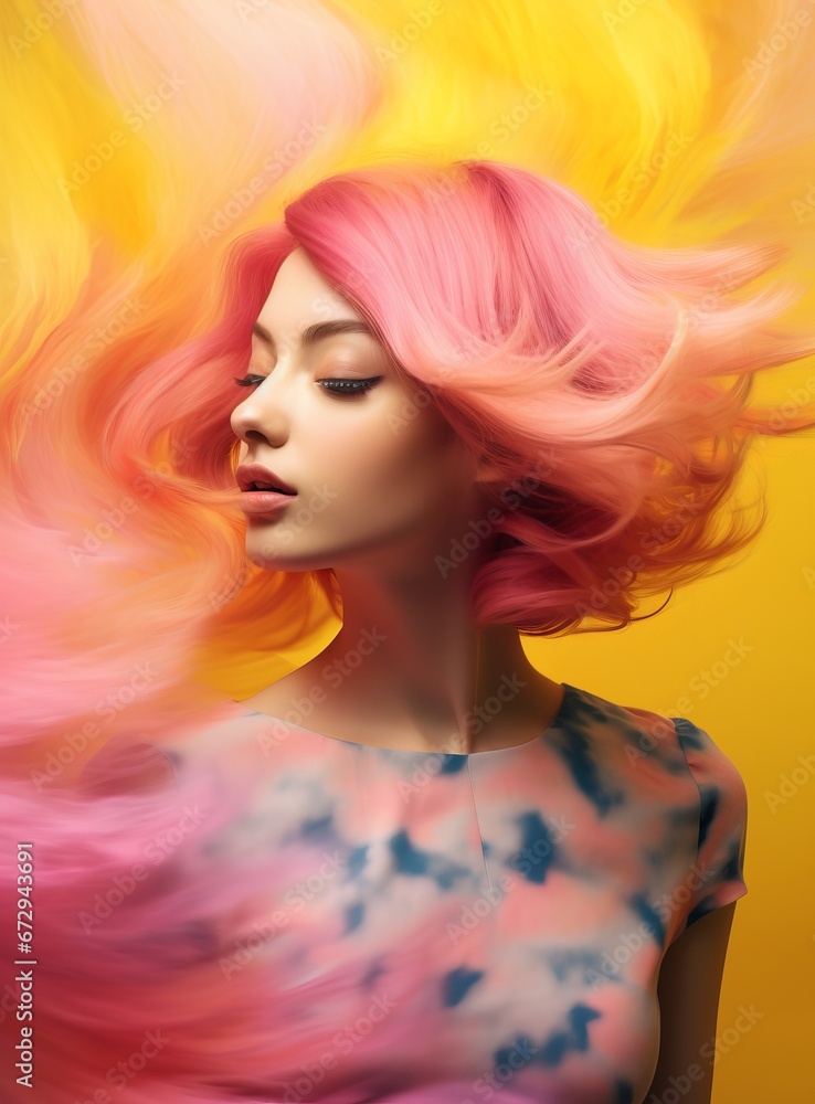 A youthful woman with pink hair in a dynamic cloud of color, ideal for beauty and fashion marketing. Great for beauty campaigns, hair product advertisements, or artistic editorials.