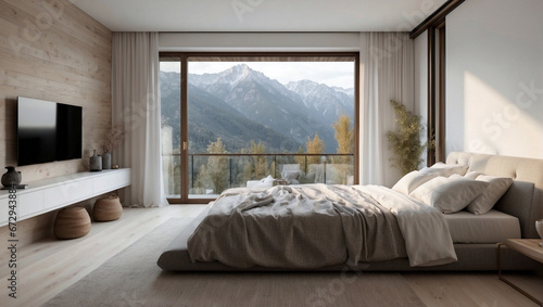 Bellissima camera da letto con colori naturali ed eleganti e finestra che si affaccia sulle montagne