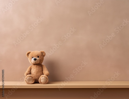 A lone teddy bear with a small box on a shelf against a plain background, evoking simplicity and nostalgia. Ideal for minimalist nursery decor, a comforting visual for child therapy centers © StockWorld