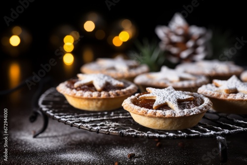 Freshly baked mince pies cooling on a wire rack, dusted with powdered sugar, set against a backdrop of Christmas decorations and twinkling lights
