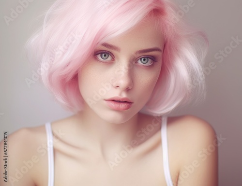 Young woman with pink hair in a casual tank top, perfect for beauty and lifestyle marketing. Ideal for beauty campaigns, hair product advertisements, and lifestyle blogging.