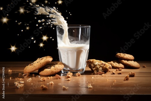 An empty glass of milk and scattered crumbs on a wooden table, indicating Santa's visit on a magical Christmas Eve photo