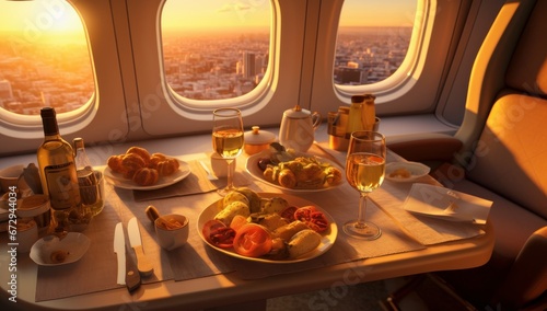 A gourmet meal served on an airplane table, with a sunset view from the windows, perfect for luxury travel services. Ideal for airlines or travel agencies to showcase first-class or business-class photo