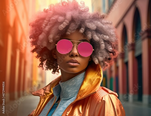Description: Confident young Black woman with afro and  sunglasses, ideal for fashion and music industry media. fashion branding, music album covers photo