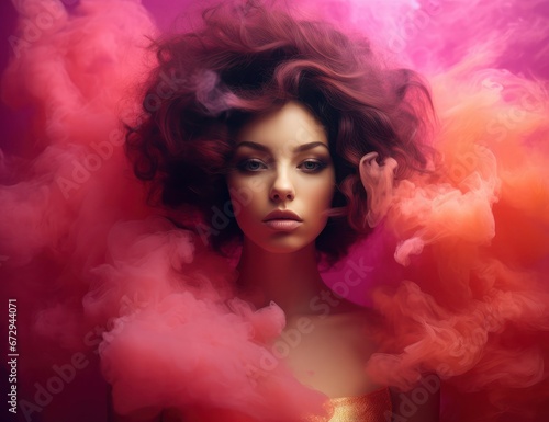 Mystical young woman emerging from vibrant pink clouds, perfect for beauty and fantasy-themed marketing. 