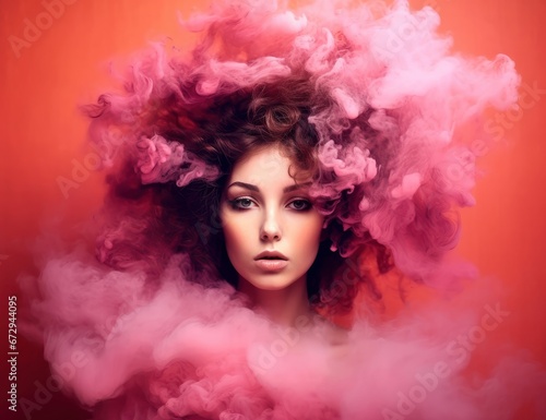 Mystical young woman emerging from vibrant pink clouds  perfect for beauty and fantasy-themed marketing. 
