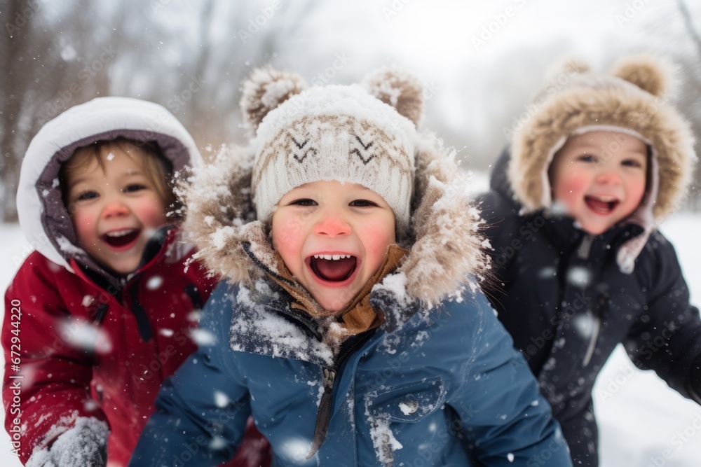 A Joyful Winter Scene Capturing the Aftermath of a Snowball Fight, with Faces Covered in Snow and Smiles All Around