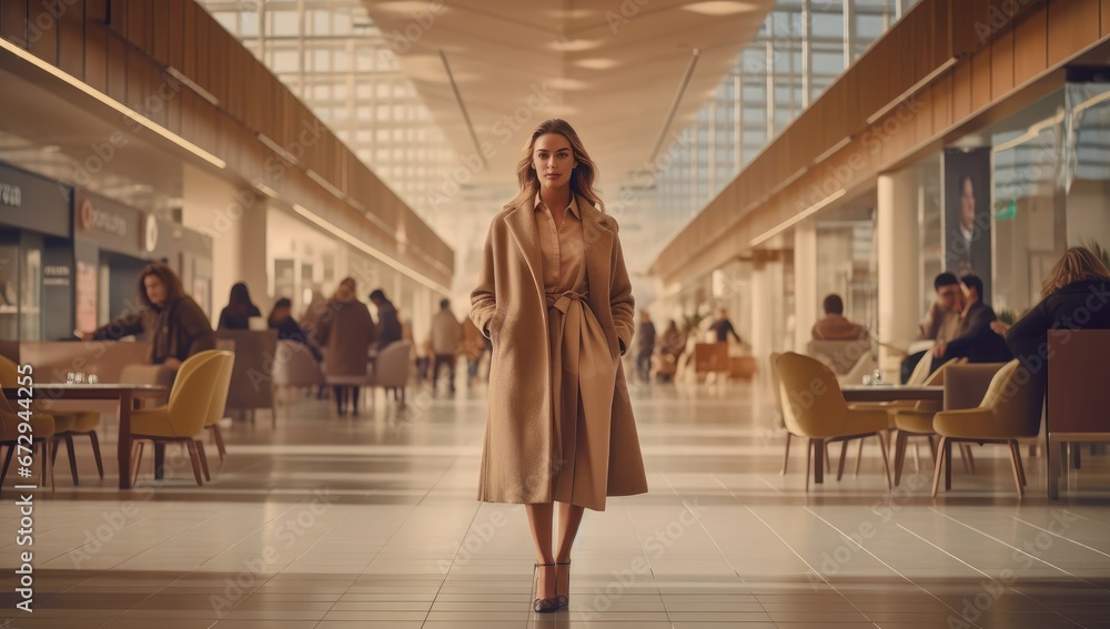 A contemplative woman in a chic coat at a bustling mall, great for lifestyle and fashion campaigns.  Ideal for advertising urban fashion brands, lifestyle magazines - obrazy, fototapety, plakaty 
