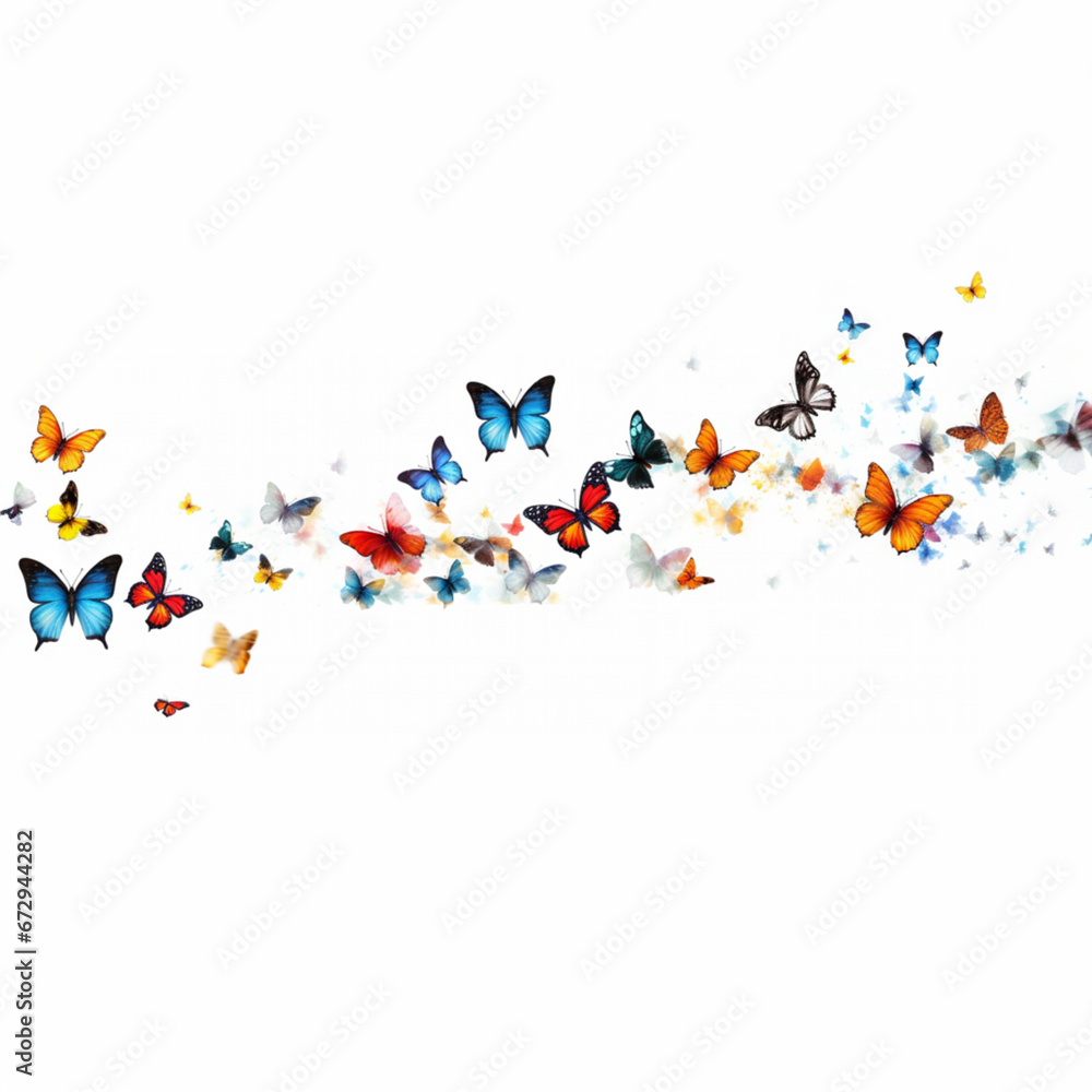 Butterflies fly in different shapes and colors, in the style of motion blur panorama