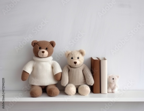 Two teddy bears beside a stack of books on a shelf, suggesting comfort and learning. Ideal for children's book covers, educational material, or nursery decor advertisements. © StockWorld