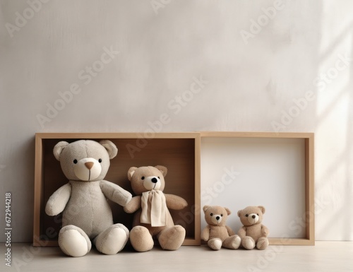 Teddy bears with a gift on a shelf, embodying a theme of giving and companionship Perfect for gift shop marketing, children's room wall art, or a toy store catalog. © StockWorld