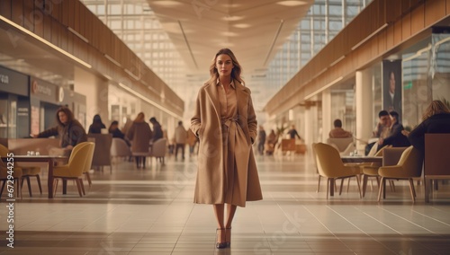 A contemplative woman in a chic coat at a bustling mall, great for lifestyle and fashion campaigns.  Ideal for advertising urban fashion brands, lifestyle magazines photo