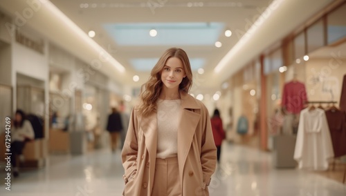 A contemplative woman in a chic coat at a bustling mall, great for lifestyle and fashion campaigns. Ideal for advertising urban fashion brands, lifestyle magazines
