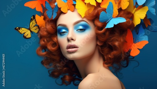 Woman with vibrant makeup amidst a cascade of colorful butterflies, symbolizing transformation and beauty. Ideal for beauty product campaigns or spring event posters