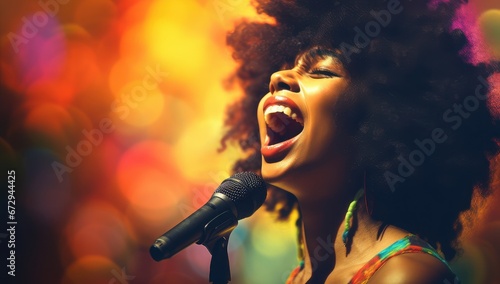 An African American female singer with a large afro passionately performing at a microphone with a bokeh background.