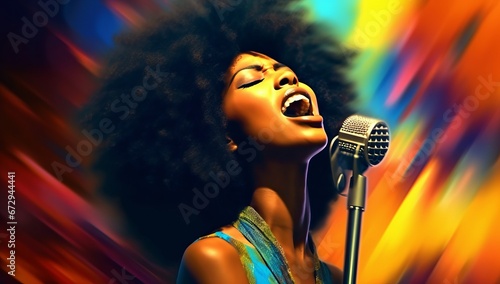 An African American female singer with a large afro passionately performing at a microphone with a bokeh background.