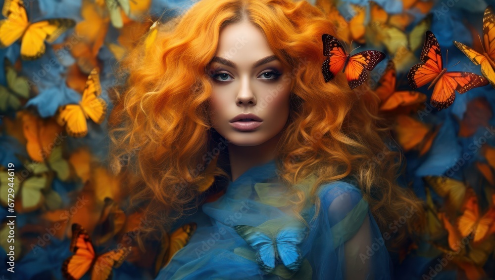A young woman with curly red hair surrounded by a swarm of orange butterflies, embodying a fantasy concept.Perfect for beauty and nature editorials