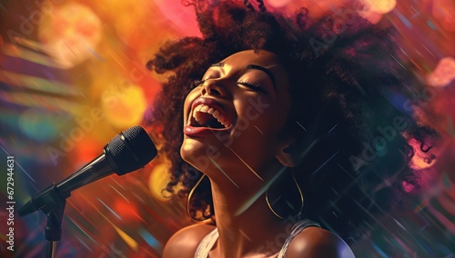 A vibrant singer with a radiant afro performs passionately into a microphone against a warm, illuminated backdrop. photo