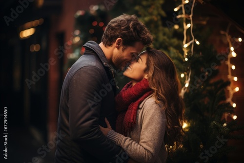 A Loving Couple Sharing a Sweet Kiss Under a Mistletoe, Against a Warm Brick Backdrop Illuminated by Twinkling Fairy Lights