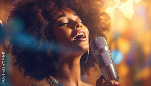 A vibrant singer with a radiant afro performs passionately into a microphone against a warm, illuminated backdrop. photo