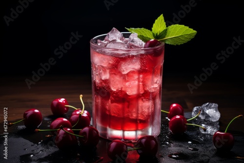 A vibrant, glossy cherry perched atop a sparkling New Year's cocktail, nestled among ice cubes and garnished with a festive sprig of mint