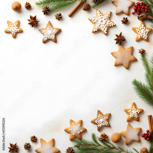 Christmas cookies and spices. Minimal white background