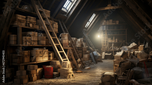 An old attic is filled with dusty boxes and forgotten memories photo