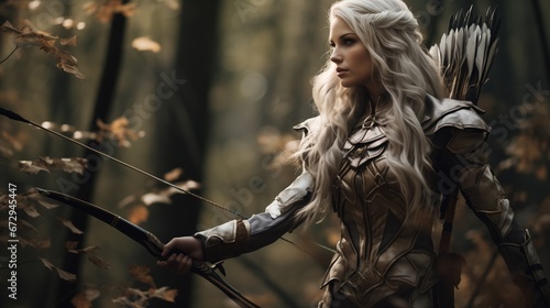 Full body Photo of a elven women archer, silver hair, clothing made of leafs and animal hides photo