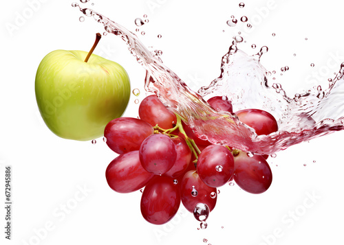 tasty fresh fruits and vegetables in air, levitation,splashed by water isolated on white,blue black.generative ai image