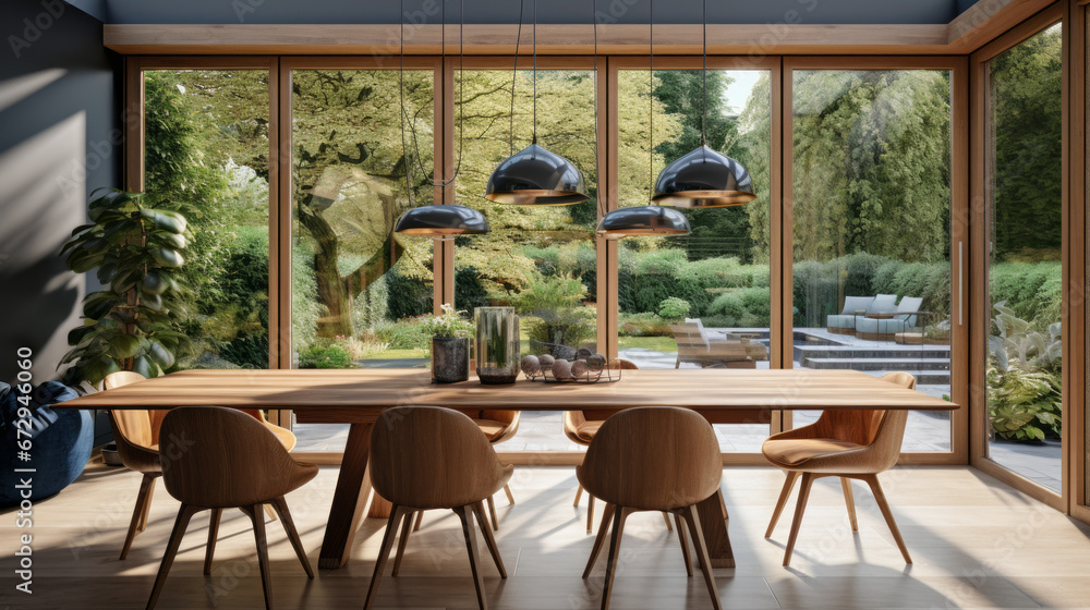 an open-plan dining room with a wooden table and chairs and a chandelier and a large window with a view of the garden
